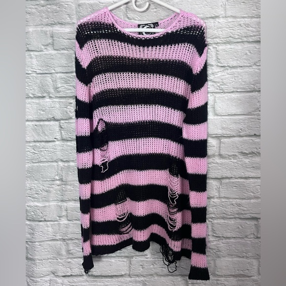 Killstar Size Large Bad Blossoms Knit Sweater Pink And Black Distressed Gothic - Picture 6 of 16